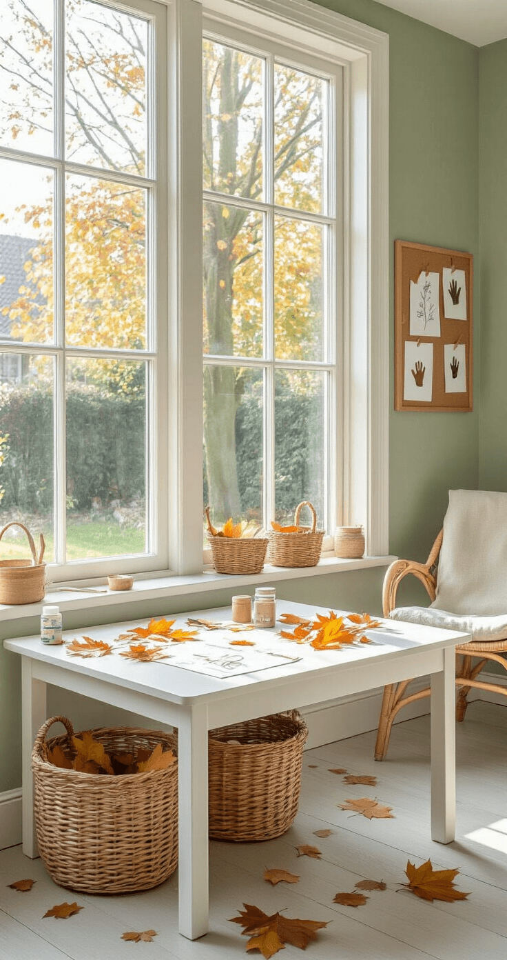 Knutselen met peuters opent een wereld vol kleuren, creativiteit en onvergetelijke momenten samen. A bright Dutch nursery with a craft corner featuring an activity table at toddler height covered in autumn leaves and art supplies, surrounded by wicker baskets of natural materials on pale gray floors, soft sage green walls, and a cork board with children's artwork, bathed in soft morning light.