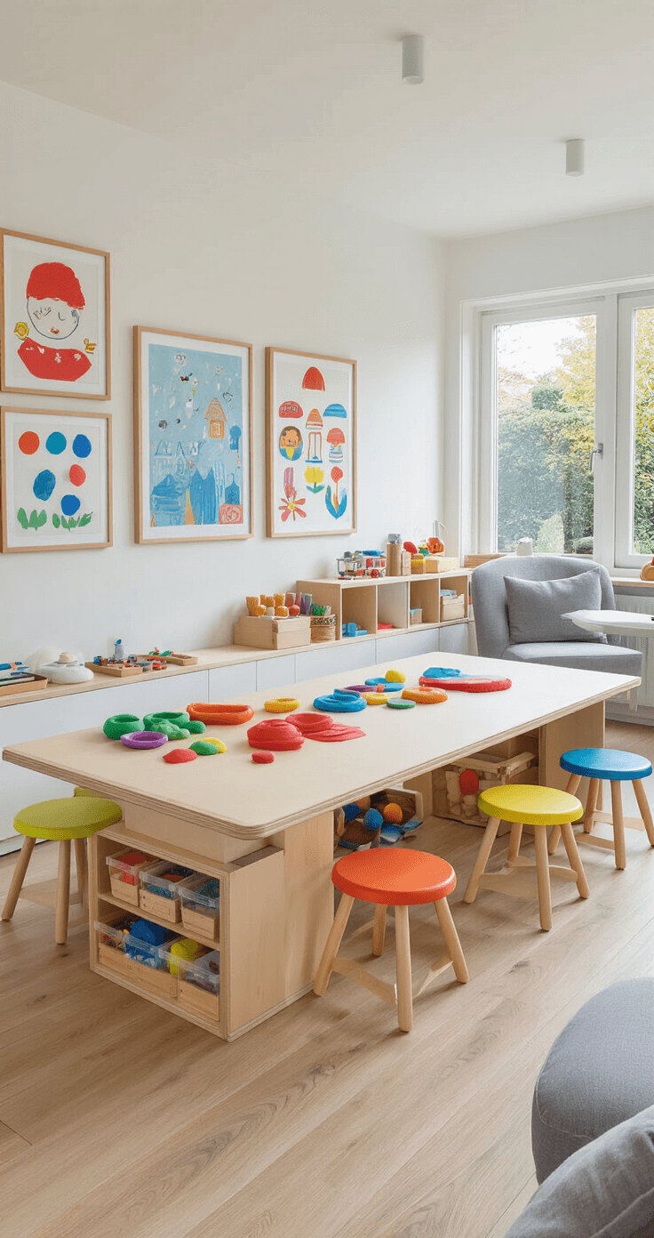 Knutselen met peuters opent een wereld vol kleuren, creativiteit en onvergetelijke momenten samen. Een moderne knutselkamer in een Nederlands huis met een lage activiteitentafel voor plasticinewerk, witte muren en kleurrijke kinderkunst in bijpassende frames. De berken multiplex tafel is omringd door ergonomische krukken in primaire kleuren, met speelgoed dat netjes is georganiseerd in houten dozen. De licht eiken vinylvloer en ingebouwde opbergcubbies creëren een rustige, creatieve sfeer, terwijl een comfortabele leesstoel in de hoek staat.