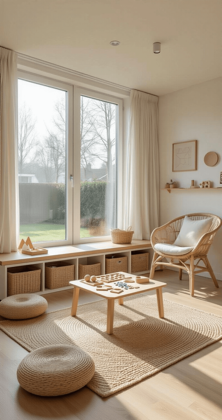 Knutselen met peuters opent een wereld vol kleuren, creativiteit en onvergetelijke momenten samen. A bright, minimalist Dutch living room inspired by Montessori design, featuring low furniture and a beech wood craft table with geometric shapes. Natural light streams through floor-to-ceiling windows, illuminating organized craft materials in wicker baskets at child height. A cozy chair for adults observes a calming and purposeful atmosphere, with natural wood shelving displaying completed projects against pale oak flooring and a neutral color palette.