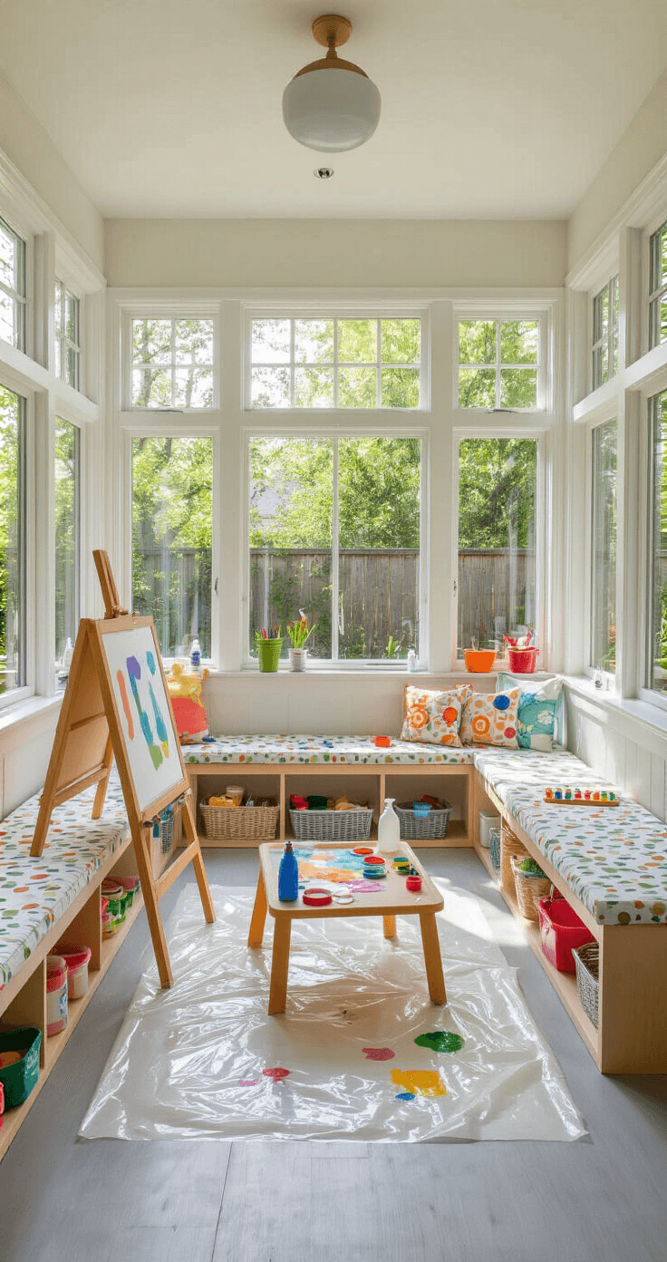 Knutselen met peuters opent een wereld vol kleuren, creativiteit en onvergetelijke momenten samen. A bright and colorful Dutch sunroom transformed into a safe painting studio for toddlers, featuring large windows, washable laminate flooring, a low table with art supplies, an easel, built-in benches with cushioned seating, and a drying rack displaying children's artwork.