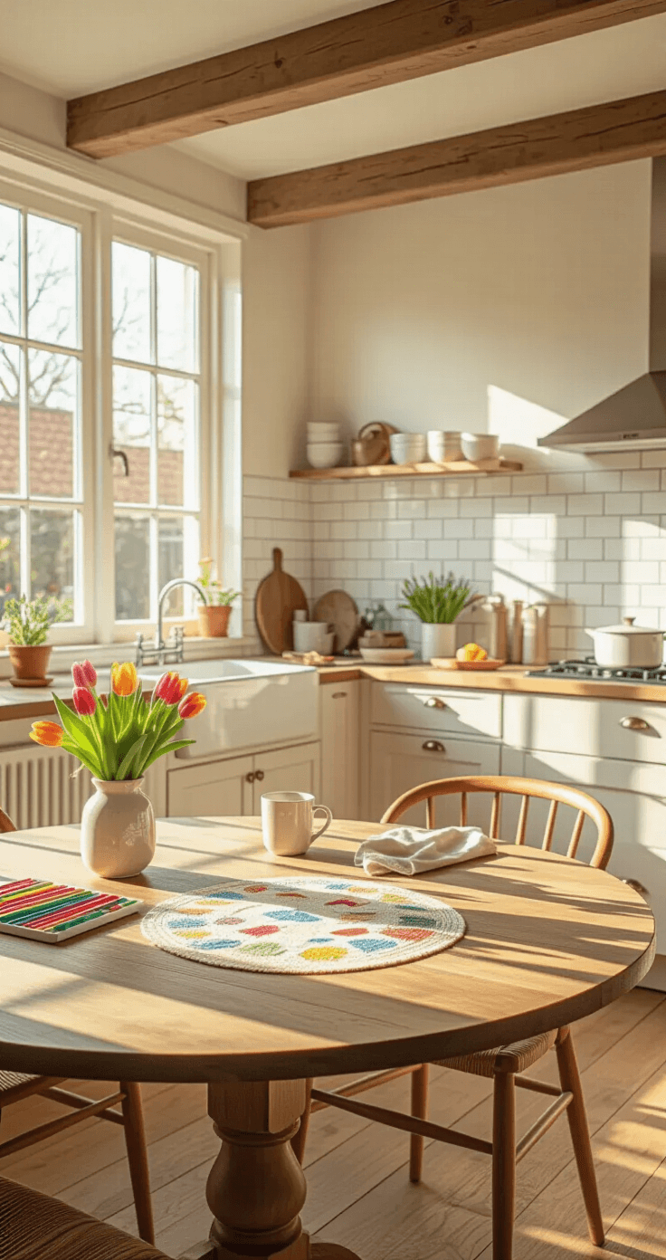 De Ultieme Gids: Moederdag Knutselen Voor Peuters Die Mama's Hart Doet Smelten Photorealistic Dutch kitchen dining area bathed in golden hour light, featuring white subway tiles, warm oak floors, and exposed wooden beams. A round dining table adorned with a laminated handmade placemat displaying colorful wax crayon drawings, surrounded by art supplies, fresh tulips, a steaming coffee mug, and natural linen napkins. Soft shadows create depth on cream walls, evoking a cozy and creative family atmosphere.