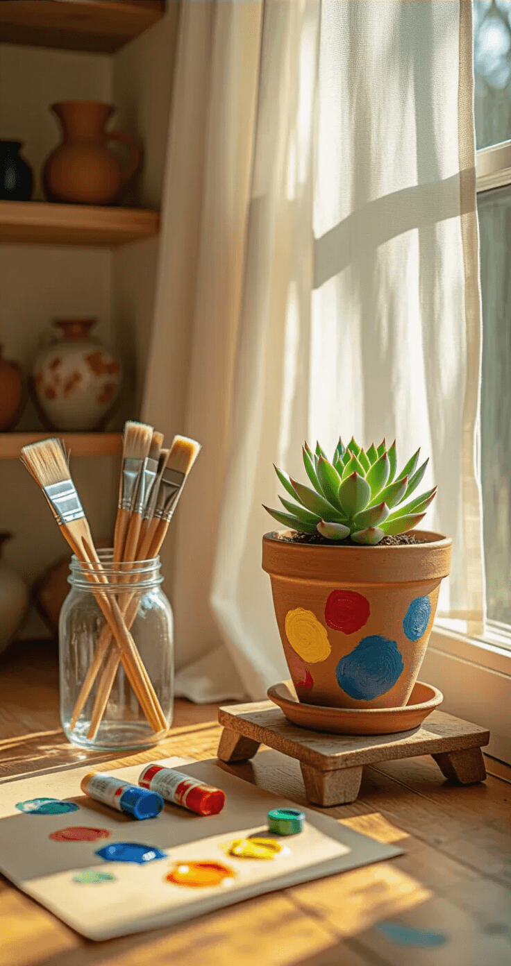 De Ultieme Gids: Moederdag Knutselen Voor Peuters Die Mama's Hart Doet Smelten Close-up van een zonnige hoek in een zonkamer, gezien vanuit het oogpunt van een kind. Een rustieke houten plantenstand met een handgeschilderde terracottapot in primaire kleuren, waarin een kleine succulent groeit. Een mason jar met verfkwasten en rommelige kinderverf tubes op kraftpapier. Houten vloeren met verfspetters en een achtergrond van crème muren met ingebouwde planken vol keramiek.