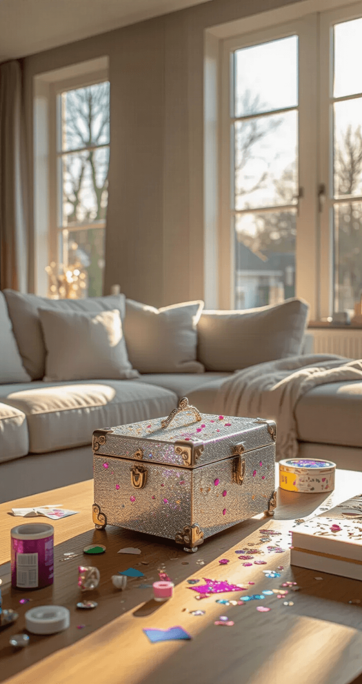 De Ultieme Gids: Moederdag Knutselen Voor Peuters Die Mama's Hart Doet Smelten Wide shot of a contemporary Dutch living room with golden afternoon light, featuring a low coffee table adorned with a glittery handmade jewelry box and scattered craft supplies, complemented by a modern neutral sofa in the background.
