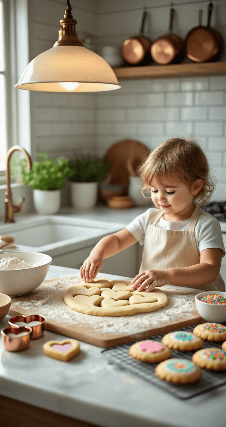 De Ultieme Gids: Moederdag Knutselen Voor Peuters Die Mama's Hart Doet Smelten Intieme keukenfoto met warm hangend licht en natuurlijk raamlicht, ooghoogte. Moderne witte keuken met marmeren aanrechten en subway-tegels. Hartvormige uitsteekvormpjes in uitgerolde deeg, kleine handen met bloem, kleurrijk versierde koekjes op afkoelrekken. Mengkommen, maatlepels en regenboogsprinkles organisch gerangschikt. Zachte schaduwen benadrukken texturen van bloem en koekjes. Achtergrond met koperen potten en verse kruiden, professionele foodstyling met nadruk op familietraditie in het bakken.