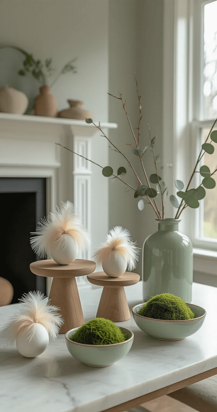 Stijlvolle Paasdecoratie Knutselen: 15 Elegante DIY Projecten voor Volwassenen Minimalistische Pasen schoorsteen met handgemaakte verenversierde eieren en mos in een moderne woonkamer, zachte ochtendlicht valt op een marmeren schoorsteenschap, vijf witte eieren op houten voeten en een schaal met mos bedekte eieren.