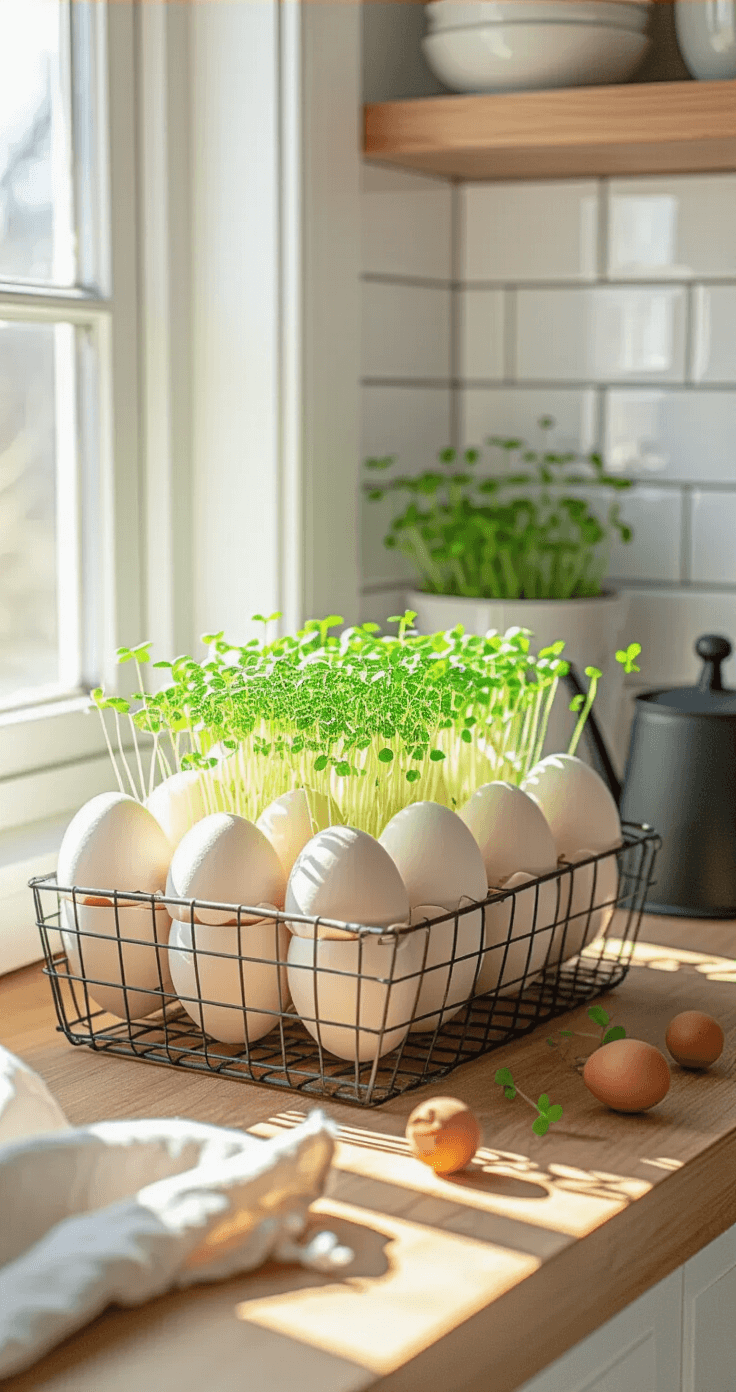 Stijlvolle Paasdecoratie Knutselen: 15 Elegante DIY Projecten voor Volwassenen Professionele still-life foto van eieren-schaalplanten met groeiende cress op een keukenvensterbank in een lichte boerenkeuken met witte subway tegels en warme houten werkbladen, omringd door vintage draad eitjesmand, een linnen keukenhanddoek en een matte zwarte gietertje.
