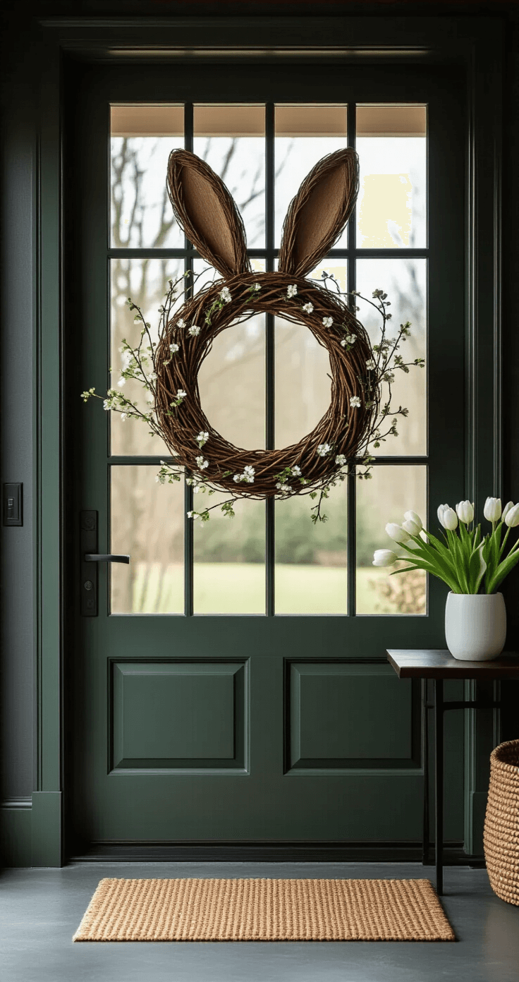 Stijlvolle Paasdecoratie Knutselen: 15 Elegante DIY Projecten voor Volwassenen Professionele architecturale interieurfoto van een elegante Pasenkrans met konijnenoren op een zware houten deur in diep bosgroen, omgeven door een verfijnde hal met donker antracietkleurige muren en gepolijste betonvloeren.