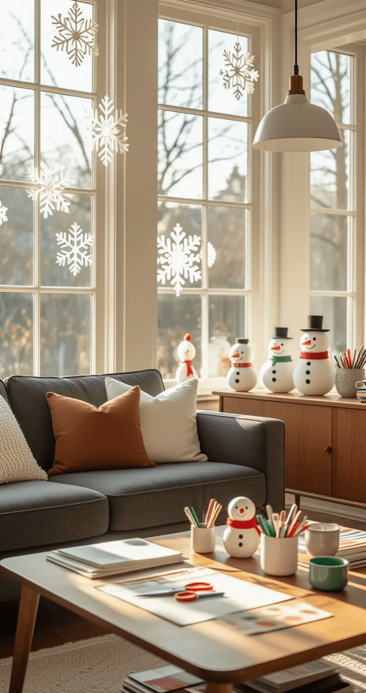 Winter Knutselen: Gezellige Projecten Voor Koude Dagen A cozy Dutch living room filled with soft winter light, featuring a mid-century modern sofa, a crafting station with colored paper and supplies, and whimsical handmade paper snowmen on an oak sideboard, all enhanced by delicate white snowflakes hanging from the windows.