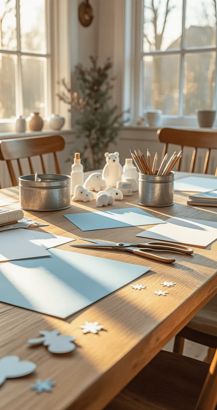 Winter Knutselen: Gezellige Projecten Voor Koude Dagen Close-up of a Dutch dining table transformed into a winter crafting workspace, showcasing colored cardstock, scissors, glue bottles, and pencils, with half-completed paper polar bears and penguins scattered throughout. Warm natural light highlights the crafting materials, creating an intimate and meditative atmosphere.