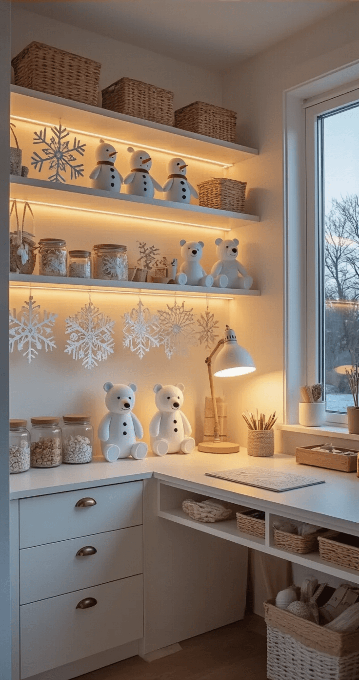 Winter Knutselen: Gezellige Projecten Voor Koude Dagen Spacious Dutch bedroom converted into a winter craft studio during twilight, featuring built-in shelving with winter crafts, a modern desk near a window, and warm ambient lighting, all in a neutral color palette.