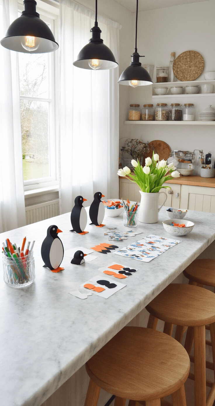 Winter Knutselen: Gezellige Projecten Voor Koude Dagen A cozy Dutch kitchen island transformed into a winter crafting station, featuring a marble countertop with a step-by-step penguin creation process, colorful stationery supplies, fresh white tulips, and warm pendant lighting, all bathed in soft winter sunlight.