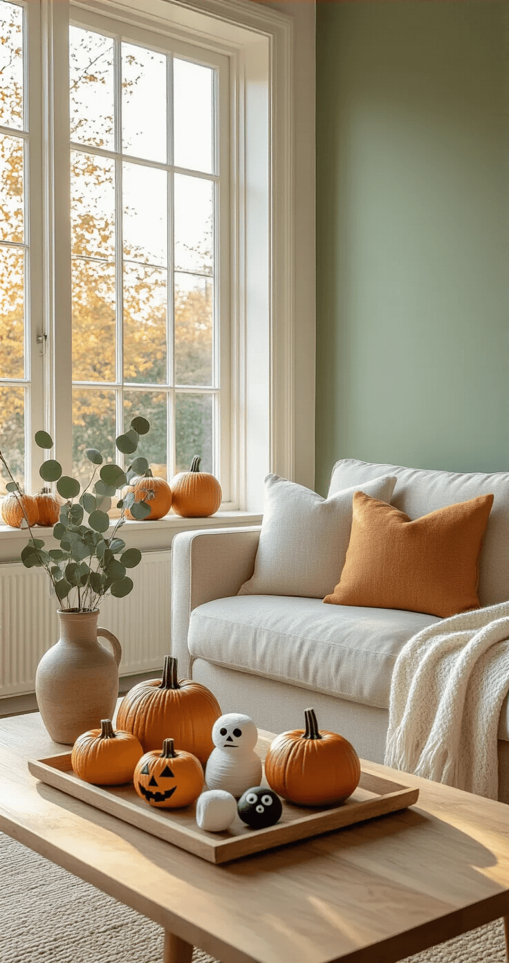 Halloween Knutselen met Kinderen: 15+ Creatieve Ideeën die Echt Werken Cozy Dutch living room at golden hour featuring a mid-century modern beige sofa against a sage green wall, with a natural oak coffee table showcasing handmade Halloween crafts like painted pumpkins and colorful monster stones, complemented by a cream wool throw and dried eucalyptus in a vase.