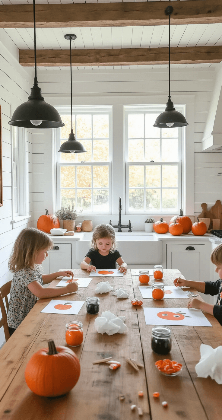 Halloween Knutselen met Kinderen: 15+ Creatieve Ideeën die Echt Werken Bright Dutch kitchen with white shiplap walls and wooden beams, featuring a farmhouse table adorned with Halloween crafts, including apple stamp pumpkin prints and finger paints. Vintage pendant lights provide a warm glow, while children's artwork hangs on twine across the window. The scene is bathed in natural morning light, enhanced by warm interiors.