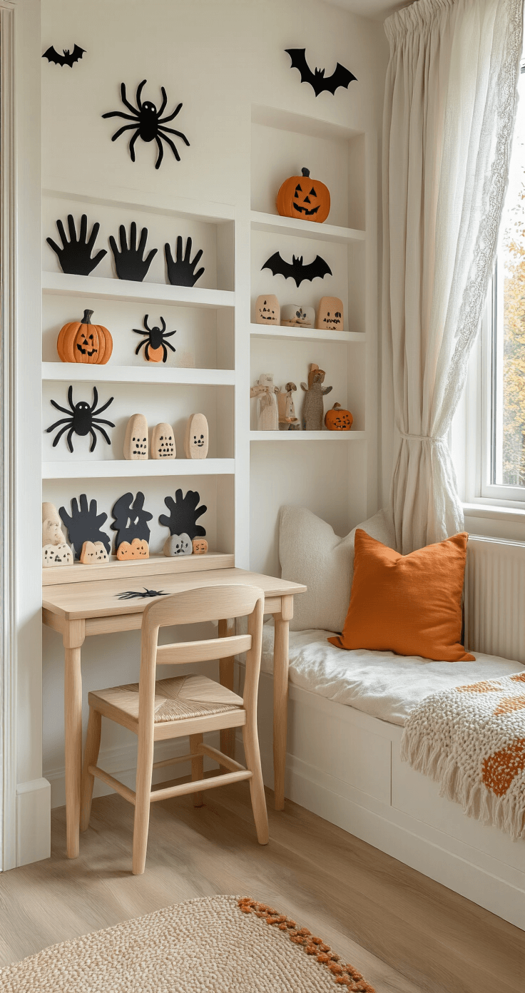 Halloween Knutselen met Kinderen: 15+ Creatieve Ideeën die Echt Werken Charming Dutch children's bedroom corner with built-in white shelving displaying Halloween crafts, a vintage desk with a chair, a cozy reading nook, and warm earthy tones, softly lit by morning light through lace curtains.