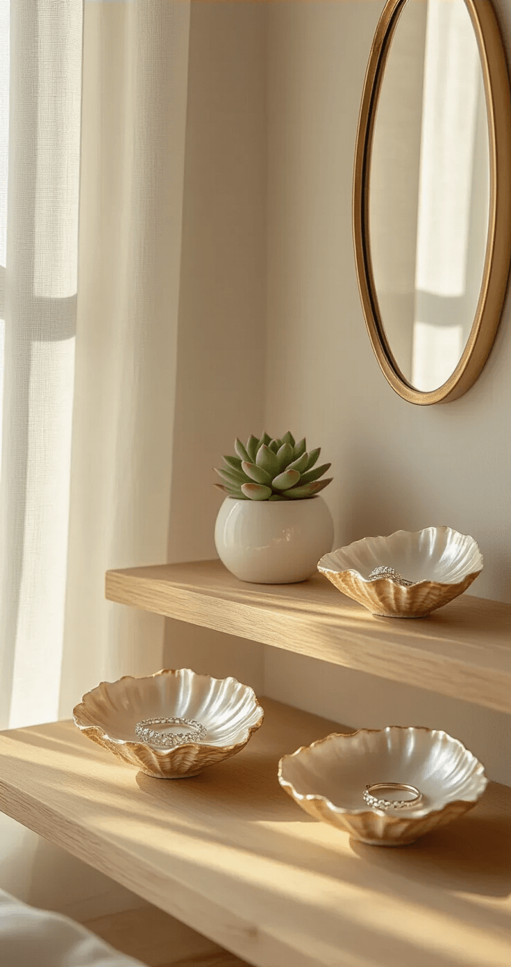 Magische Knutselprojecten met Oesterschelpen: Van Strand tot Stijlvol Interieur Interior shot of a modern Dutch bedroom vanity corner with elegant oyster shell jewelry dishes, warm honey oak floating shelf, and morning golden hour light filtering through sheer white curtains, featuring delicate silver jewelry arranged in painted oyster shells, a small succulent in a white ceramic pot, and a vintage brass mirror, all styled in a cozy, feminine atmosphere.