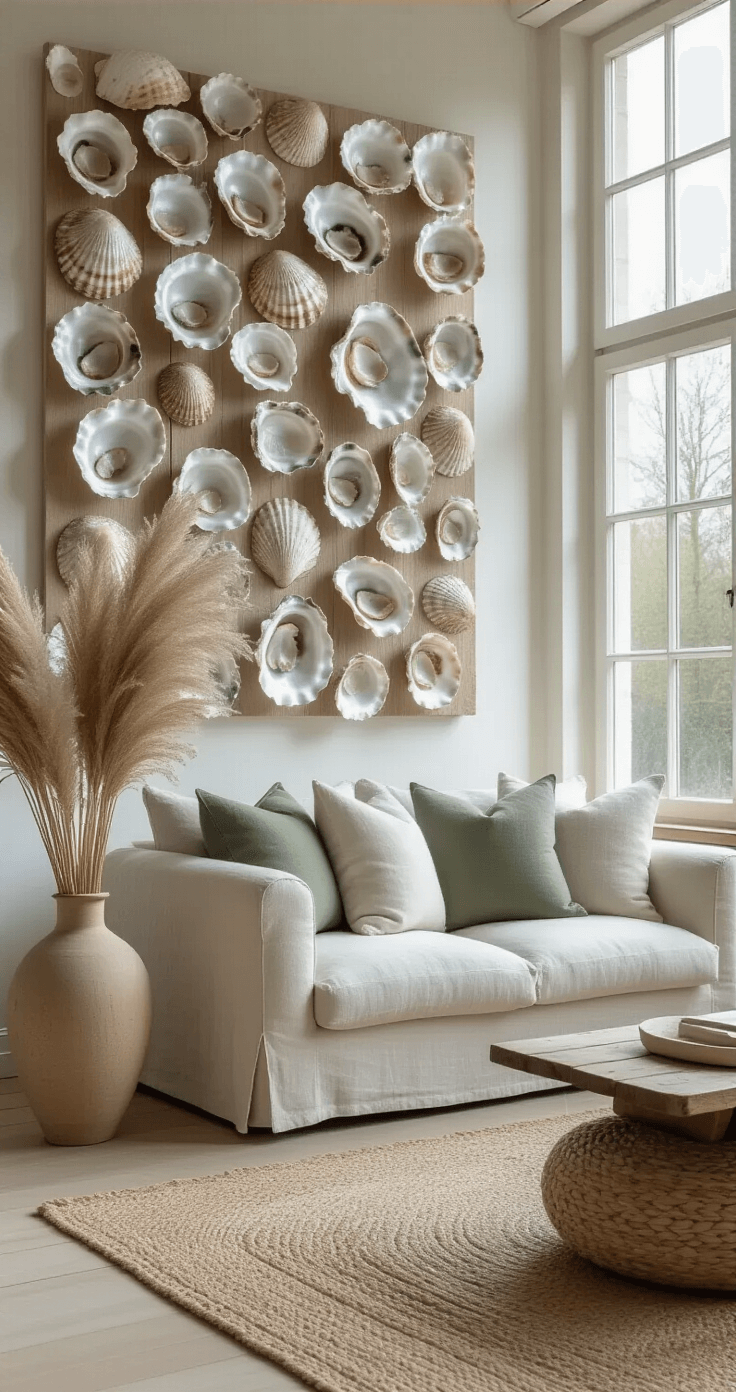 Magische Knutselprojecten met Oesterschelpen: Van Strand tot Stijlvol Interieur A serene Dutch living room featuring a dramatic oyster shell wall panel installation with natural daylight from large white-framed windows, accompanied by a neutral linen sofa, cream and sage green pillows, and a jute area rug, creating a contemporary coastal atmosphere with warm grays and subtle beige tones.