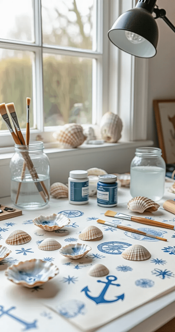 Magische Knutselprojecten met Oesterschelpen: Van Strand tot Stijlvol Interieur Close-up of a Dutch craft room workspace showcasing decoupage oyster shell art projects, illuminated by natural light from a north-facing window. The white lacquered desk is strewn with vintage maritime motif napkins, artist brushes, ocean blue and seafoam green acrylic paints, and a glass jar with rinse water. A magnifying lamp enhances the intricate details of the shells adorned with nautical patterns, embodying a creative chaos aesthetic.