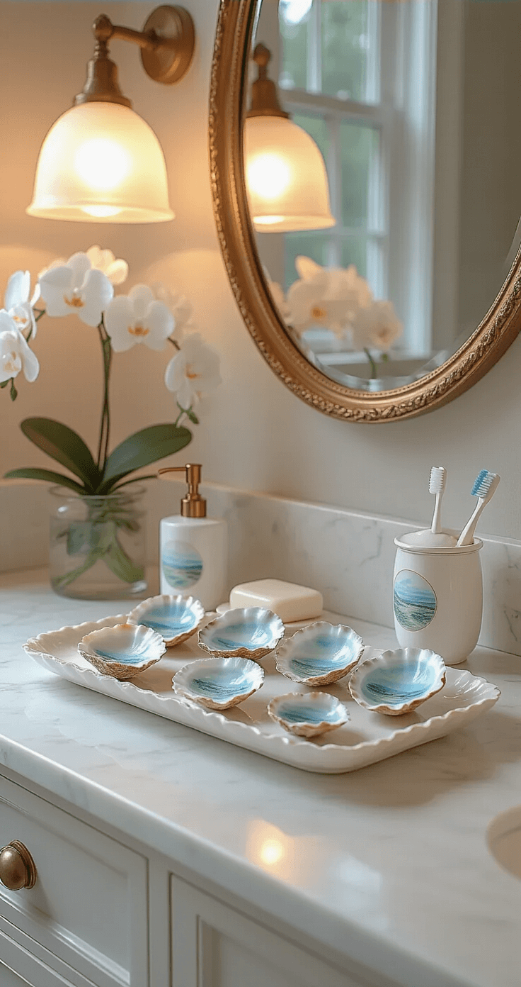 Magische Knutselprojecten met Oesterschelpen: Van Strand tot Stijlvol Interieur A stylish Dutch bathroom vanity featuring hand-painted miniature oyster shell art, soft ambient lighting, a white marble countertop, and a vintage mother-of-pearl serving tray adorned with delicate seascape scenes. The arrangement includes a white porcelain soap dispenser, a matching toothbrush holder, and a small white orchid in a clear glass vessel, all framed by a wall-mounted oval mirror with a brushed brass frame. Gentle LED lighting enhances the luxurious, spa-like ambiance, showcasing a sophisticated color palette of whites, soft grays, and pearl undertones.