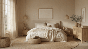 Beige Slaapkamer: Mijn Gids voor een Rustgevende Slaapkameroase Fotorealistisch interieur van een elegante beige slaapkamer met warm natuurlijk licht, kingsize bed, gelaagd beddengoed, rieten manden, keramische vazen met eucalyptus, wollen plaids, houten nachtkastjes, dimbare LED-verlichting en luxueuze kussens, in een serene, zen-achtige sfeer.