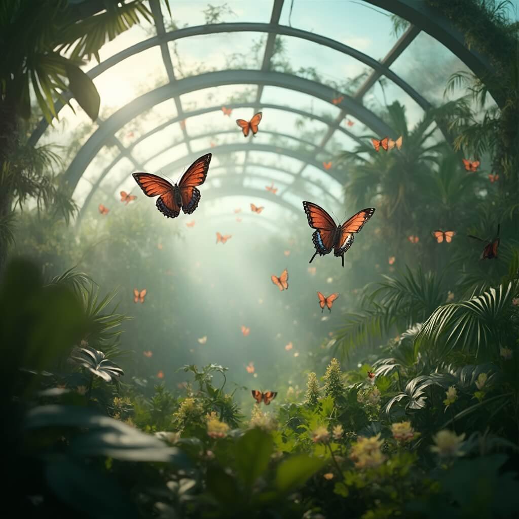 Ontdek het Verborgen Verhaal van Blijdorp: Een Rotterdamse Dierenwereld vol Wonderen Hyperrealistisch beeld van een intiem moment in de Amazona vlinderschuilplaats van Blijdorp, met weelderige tropische vegetatie en duizenden kleurrijke vlinders in vlucht. Zachte zonlichtstraal valt door de enorme glazen koepel, waarbij de complexe patronen van de vleugels in detail zichtbaar zijn, omgeven door exotische planten. Een vochtige, atmosferische sfeer en een zachte achtergrond tonen de architectonische glasstructuur, met een nadruk op biodiversiteit en milieubehoud.