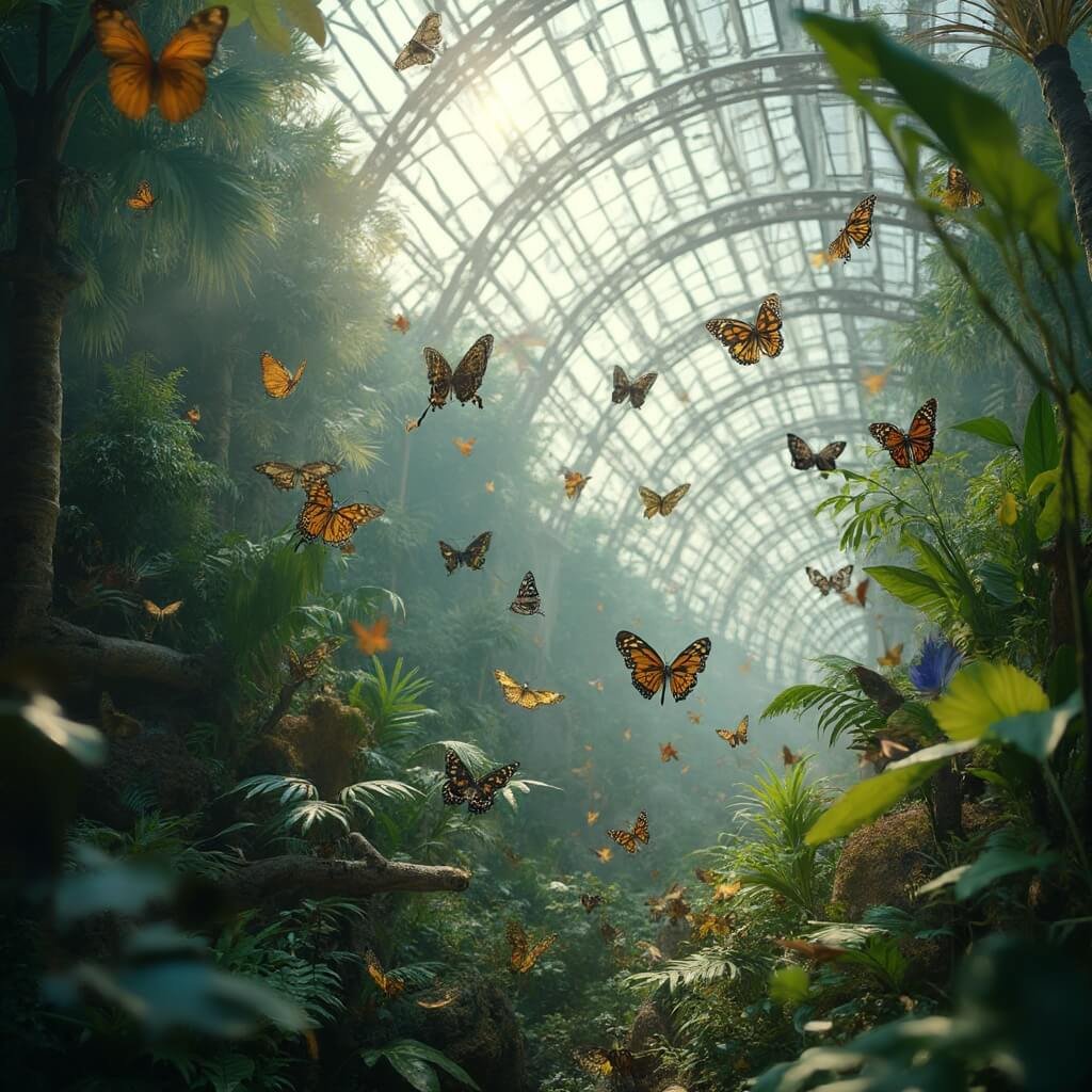 Ontdek het Verborgen Verhaal van Blijdorp: Een Rotterdamse Dierenwereld vol Wonderen A hyper-realistic image of Blijdorp's Amazonica butterfly sanctuary, showcasing a vibrant scene filled with multicolored butterflies fluttering among lush tropical plants, with delicate sunlight streaming through a large glass dome, highlighting intricate wing patterns and the rich biodiversity of the environment.