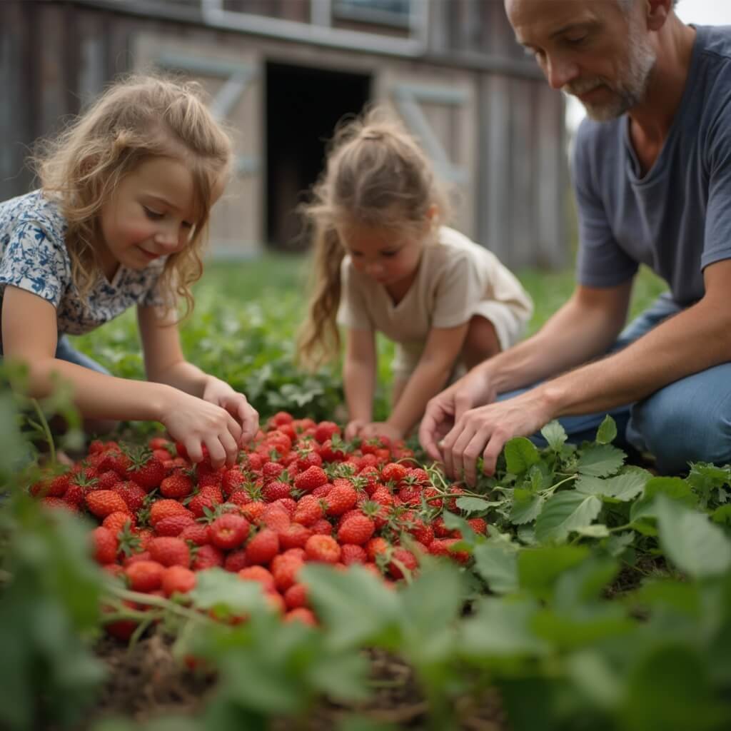 Ontdek het Magische Voedselbos van Texel: Een Pluktuin vol Verrassingen Intieme documentairefoto van een gezin dat verse producten plukt in een Nederlandse voedseltuin, kinderen reiken naar rijpe aardbeien en tomaten, ouders helpen, traditionele Nederlandse boerderijsetting met een houten schuur op de achtergrond, zacht natuurlijk licht, gedetailleerde close-up van handen die oogsten, authentiek candid moment dat interactie tussen generaties en natuur toont, Leica M10 documentairefotografiestijl, ondiepe scherptediepte die de menselijke verbinding met het agrarische landschap benadrukt.