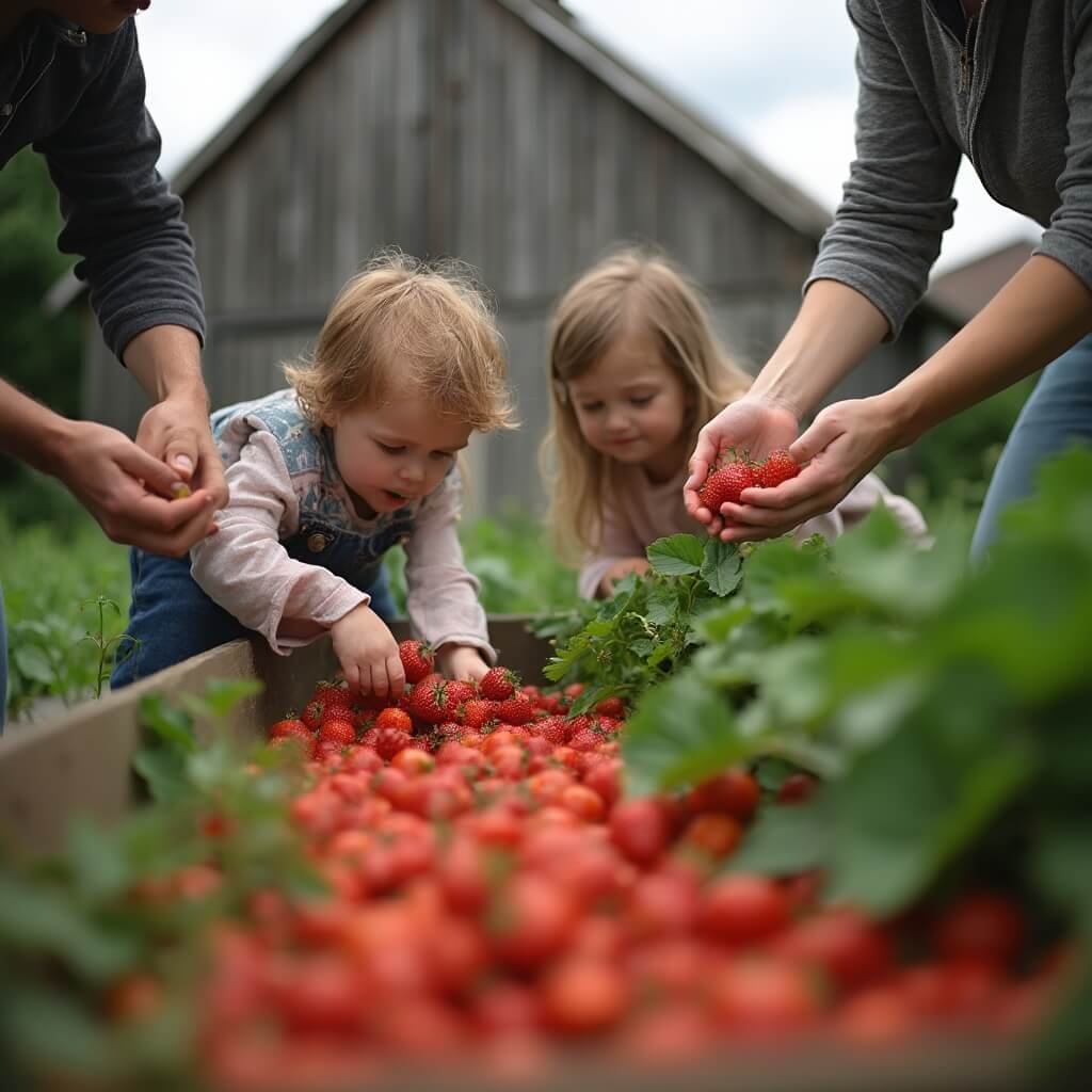 Ontdek het Magische Voedselbos van Texel: Een Pluktuin vol Verrassingen A family in a traditional Dutch food garden picking ripe strawberries and tomatoes, with children reaching for the produce while parents assist; soft natural light illuminates their interactions, showcasing hands harvesting in a candid moment of connection between generations and nature, with a wooden barn in the background.