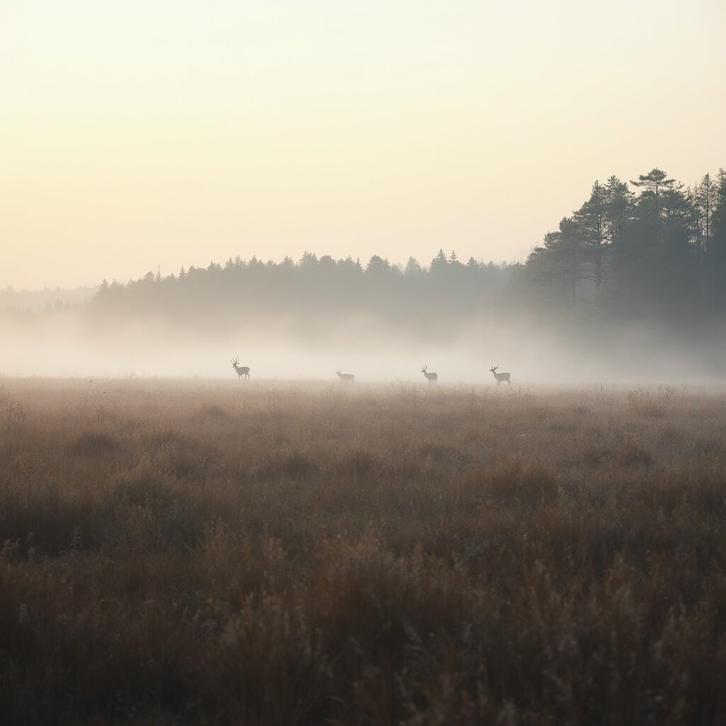 Ontdek het Betoverende Kabouterpad in het Drents-Friese Wold: Een Magisch Avontuur voor Kleine Ontdekkingsreizigers! Expansive Dutch nature reserve landscape in Drents-Friese Wold featuring sweeping heathlands, pine forests, and distant silhouettes of wandering deer, captured in misty morning light with soft pastel colors and sharp botanical details.