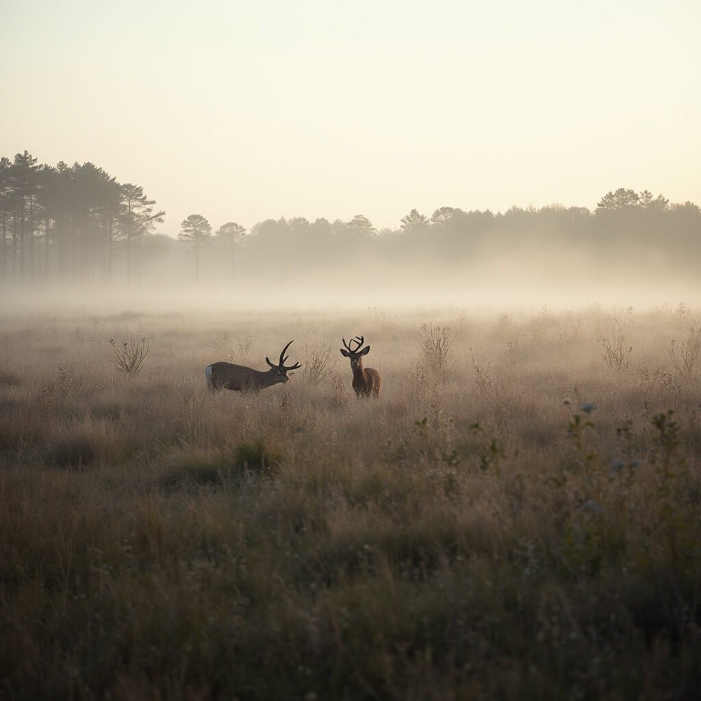 Ontdek het Betoverende Kabouterpad in het Drents-Friese Wold: Een Magisch Avontuur voor Kleine Ontdekkingsreizigers! Uitgestrekt landschap van het Nederlandse natuurreservaat Drents-Friese Wold met heidevelden en dennenbossen, op de achtergrond silhouetten van zwervende herten in mistig ochtendlicht, ethereal sfeer, bredehoek fotografie met scherpte in de voorgrond, zachte pastelkleuren van de ochtend.