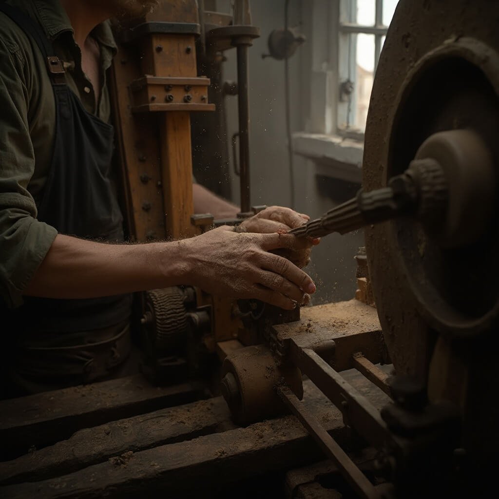 Zaanse Schans: De Verborgen Nederlandse Tijdcapsule Die Je Niet Mag Missen Hypergedetailleerde close-up van een traditionele Nederlandse molenaar die binnen een authentieke windmill werkt, met focus op de ingewikkelde houten machines en mechanisme. Molenaar in traditionele werkkleding, met ruwe handen midden in een taak. Zacht zijlicht onthult stofdeeltjes en textuur van de houten mechanismen.