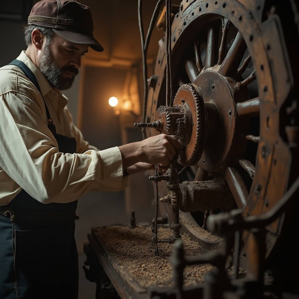 Zaanse Schans: De Verborgen Nederlandse Tijdcapsule Die Je Niet Mag Missen Close-up photograph of a traditional Dutch miller in an authentic windmill, showcasing intricate wooden machinery and gears. The miller, dressed in traditional attire, has calloused hands mid-task as soft side lighting highlights dust particles and wooden textures, emphasizing the interaction between human craftsmanship and historic machinery. The image features a warm, slightly desaturated color palette reminiscent of historical documentary photography.