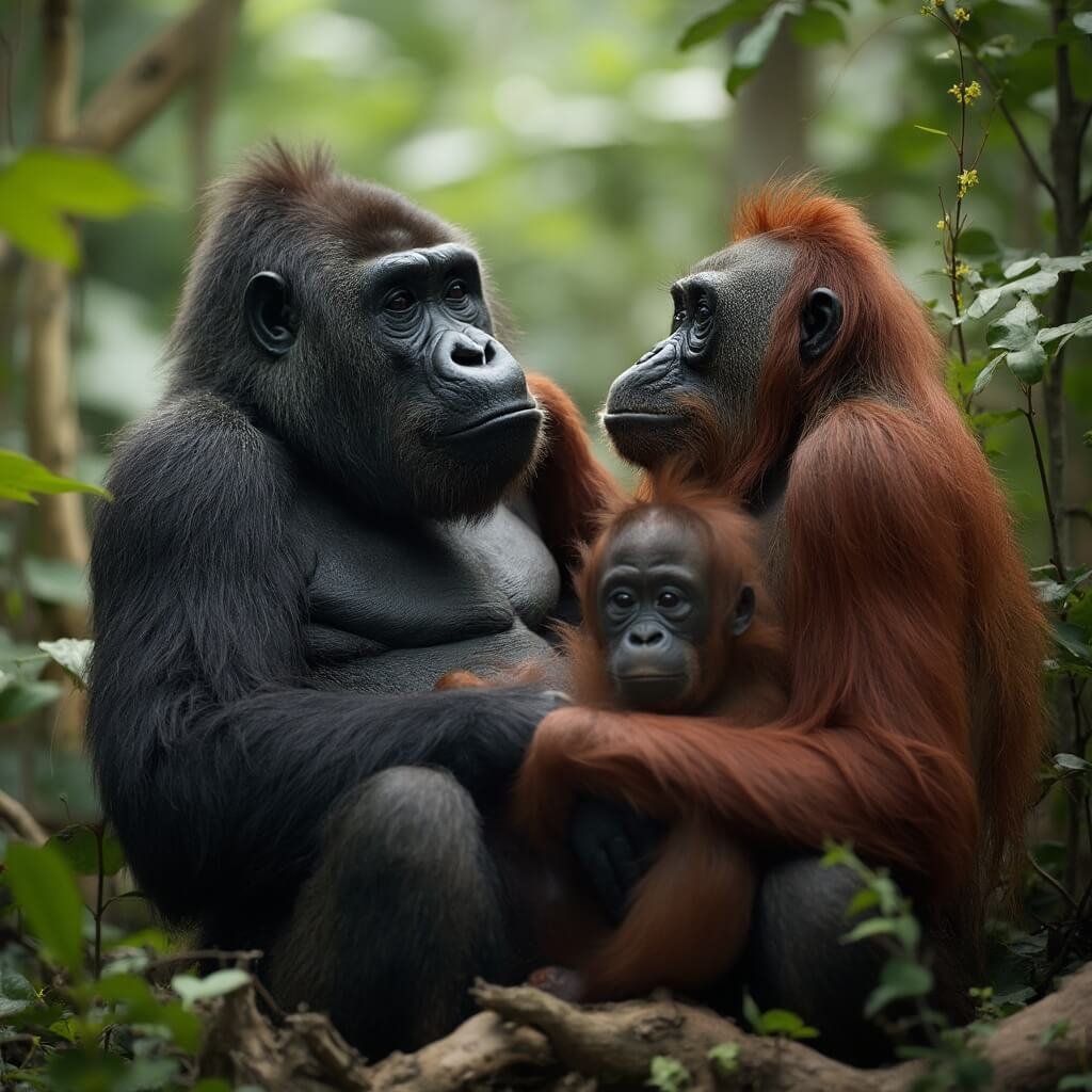 Waarom Apenheul Apeldoorn de Meest Revolutionaire Dierentuin van Nederland is (En Wat Je Er Echt Kunt Verwachten) Intieme wildlife-portret van bedreigde grote apen in de natuurlijke verblijven van Apenheul, met laaglandgorilla's of Borneose orang-oetans die natuurlijke gezinsgedragingen vertonen te midden van authentieke bosvegetatie en houten uitkijkplatforms. Natuurlijke verlichting benadrukt de diepgaande verbinding tussen deze bedreigde soorten en hun zorgvuldig ontworpen habitat, wat het succes van de natuurbescherming onderstreept.