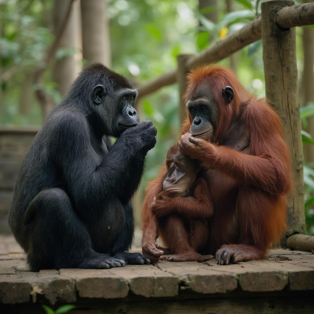 Waarom Apenheul Apeldoorn de Meest Revolutionaire Dierentuin van Nederland is (En Wat Je Er Echt Kunt Verwachten) Intimate wildlife portrait of endangered great apes, featuring lowland gorillas and Bornean orangutans exhibiting natural family behaviors in Apenheul's naturalistic enclosures, with authentic forest vegetation and wooden viewing platforms illuminated by natural light, showcasing their profound connection and conservation success.