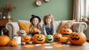 Halloween Knutselen met Kinderen: 15+ Creatieve Ideeën die Echt Werken Gezellige Nederlandse woonkamer tijdens het gouden uur, met handgemaakte Halloween knutsels zoals geschilderde pompoenen en spook lolly's, en warme herfstkleuren.