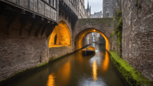 De Verborgen Waterwegen van 's-Hertogenbosch: Een Adembenemende Reis Door de Binnendieze A narrow underground waterway tunnel with medieval brick archways and stone walls, softly illuminated by warm golden lights reflecting off the dark water, features historic overhanging buildings above, moss-covered stonework, a small boat navigating the passage, and atmospheric mist rising above the water.