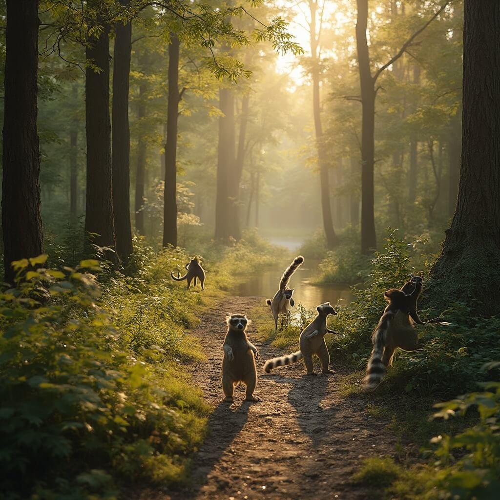 Waarom Apenheul Apeldoorn de Meest Revolutionaire Dierentuin van Nederland is (En Wat Je Er Echt Kunt Verwachten) Professionele natuurfotografie van vrij rondlopende lemuren in de bosrijke omgeving van Apenheul, vastgelegd tijdens het gouden uur met gefilterd zonlicht tussen hoge Nederlandse bomen. Ringstaartlemuren interageren natuurlijk met bezoekers langs kronkelige bospaden, terwijl gekroonde sifakas hun kenmerkende dansbeweging tussen takken uitvoeren.
