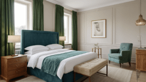 Hotel Chique Slaapkamer Creëren: De Ultieme Gids voor Luxe en Comfort Fotorealistische slaapkamer in Nederlandse hotelstijl met king-size bed, donkerblauwe fluwelen hoofdeinde, walnut nachtkastjes, smaragdgroene fluwelen gordijnen, luxe beddengoed en warme gouden uur belichting.