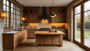 Waarom een houten keuken de perfecte keuze is voor jouw droomhuis Luxueuze houten keuken met eikenhouten kasten, een massief houten werkblad en warme verlichting, sfeer van modern en rustiek met authentieke elementen en professionele styling.