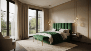 Hoe je jouw slaapkamer omtovert tot een luxe hotelkamer: mijn complete gids Luxueuze slaapkamer in diep smaragdgroen fluweel met kingsize bed, gouden uurverlichting en elegante details, zoals een marmeren nachtkastje en kristallen vaas met witte pioenrozen.