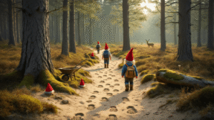 Ontdek het Betoverende Kabouterpad in het Drents-Friese Wold: Een Magisch Avontuur voor Kleine Ontdekkingsreizigers! A whimsical forest trail featuring tiny gnome footprints in sandy paths, scattered red gnome hats near mossy logs, and children aged 3-7 in matching caps exploring the enchanting Drents-Friese Wold nature reserve, illuminated by golden sunlight filtering through pines and heather, with deer glimpsed in the background and adventure gear visible.