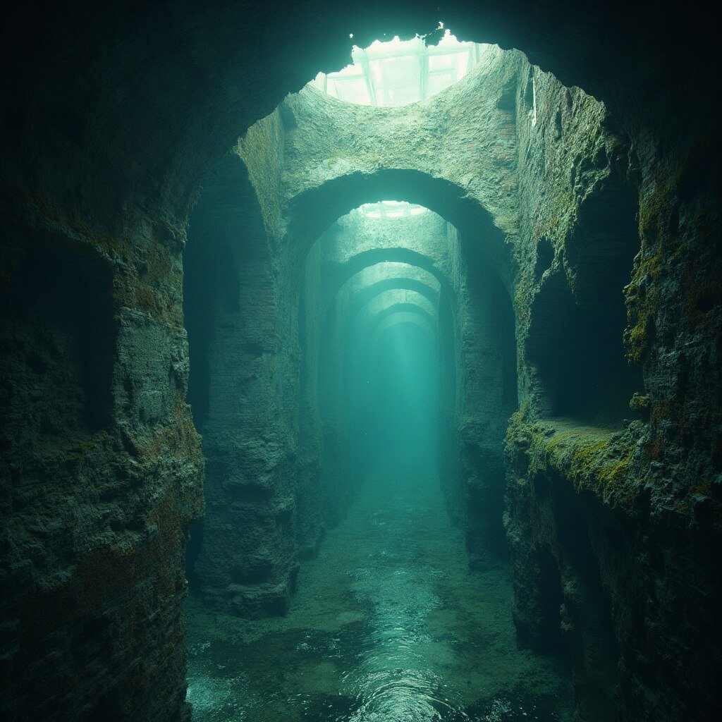 De Verborgen Waterwegen van 's-Hertogenbosch: Een Adembenemende Reis Door de Binnendieze Atmospheric underwater view of the medieval Binnendieze water network featuring submerged stone archways, moss-covered brick walls, and intricate details of ancient water engineering, illuminated by soft diffused light, with a focus on an ultra-detailed architectural cross-section.