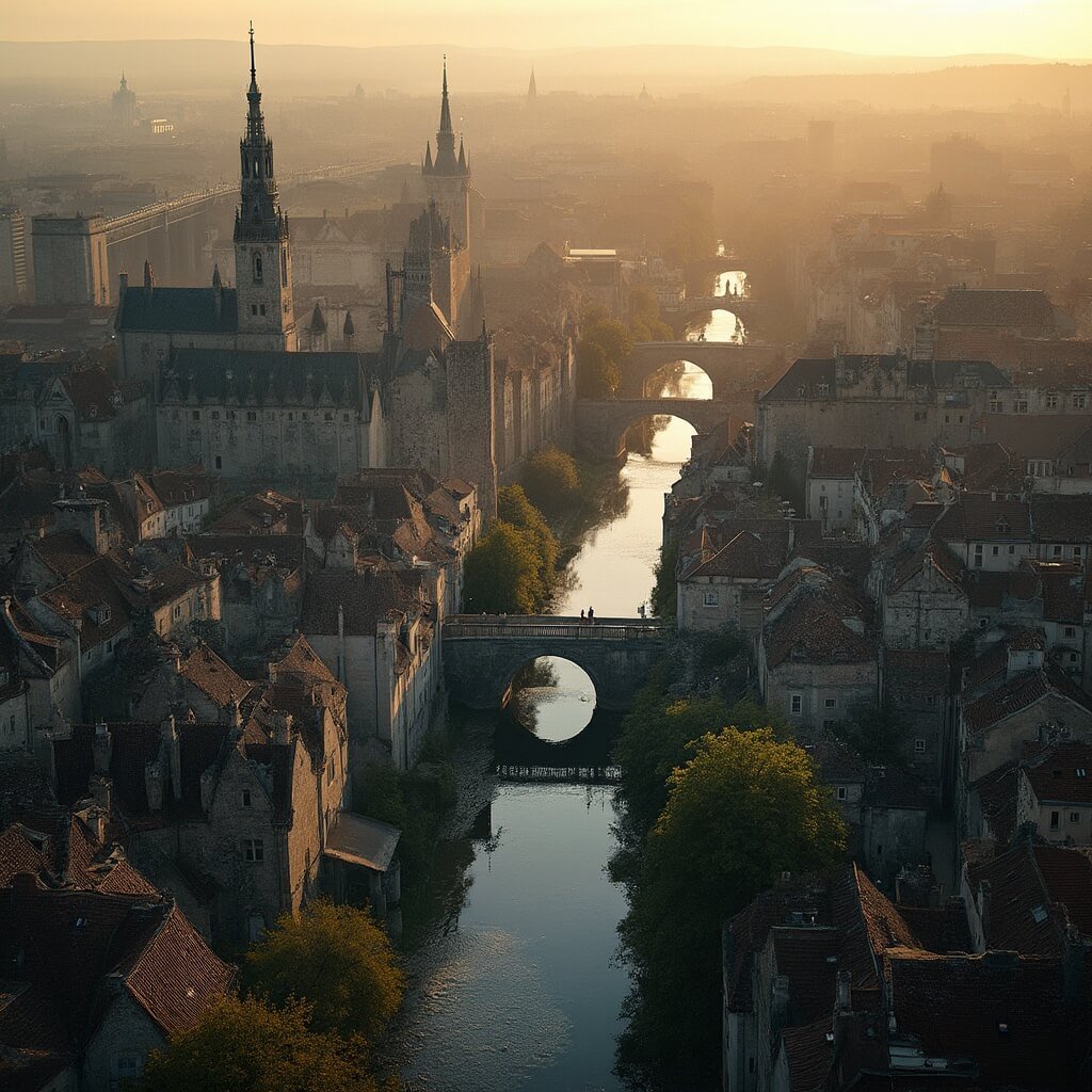 De Verborgen Waterwegen van 's-Hertogenbosch: Een Adembenemende Reis Door de Binnendieze Fotorealistische luchtfoto van een middeleeuwse stadslandschap van 's-Hertogenbosch met verborgen waterkanalen onder historische stenen gebouwen, gouden middaglicht dat lange schaduwen werpt, gedetailleerde architectonische weergave van complexe middeleeuwse stadplanning, waterreflecties die architectonische kruispunten accentueren.