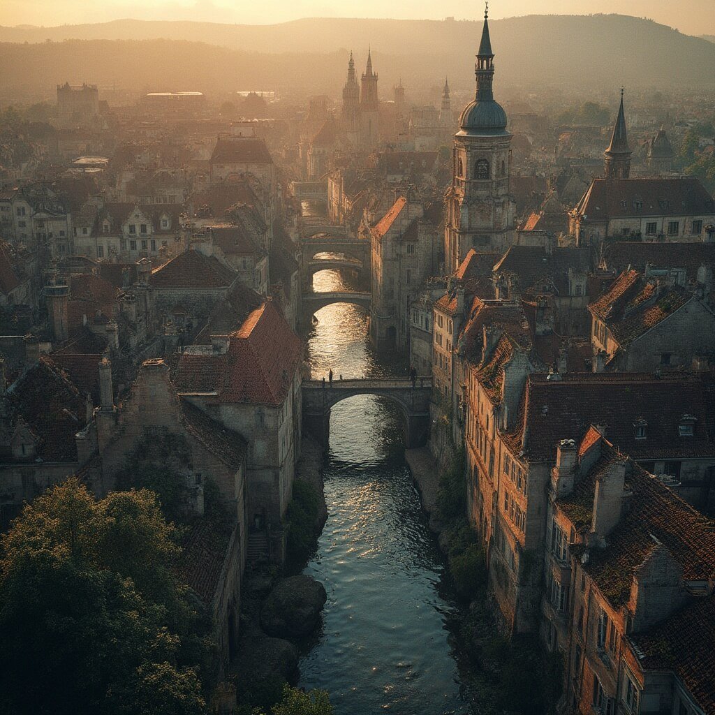 De Verborgen Waterwegen van 's-Hertogenbosch: Een Adembenemende Reis Door de Binnendieze Photorealistic aerial view of medieval 's-Hertogenbosch, showcasing intricate water channels beneath historic stone buildings, with golden afternoon sunlight casting long shadows and reflections enhancing the architectural details in 8K resolution.