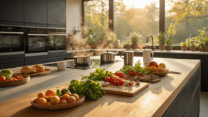 Waarom een kookeiland de beste keuze voor jouw keuken is Cinematische close-up van een modern kookeiland met witte composiet, verse groenten op houten snijplanken, en een dampende koffiekan in warm ochtendlicht.