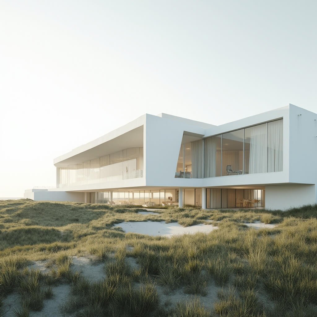 Ontdek het Verbluffende Museum Voorlinden: Waar Kunst, Architectuur en Natuur Samensmelten Fotorealistische weergave van de architectonische buitenkant van Museum Voorlinden, een ultra-modern minimalistisch wit gebouw met grote glazen panelen, geïntegreerd in de weelderige kustduinen van Wassenaar.