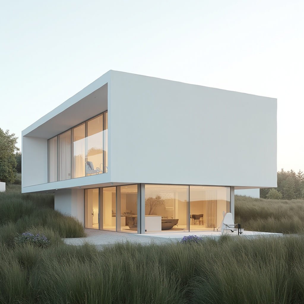 Ontdek het Verbluffende Museum Voorlinden: Waar Kunst, Architectuur en Natuur Samensmelten Photorealistic architectural exterior of Museum Voorlinden, featuring a minimalist white design with large glass panels set in a lush coastal dunescape. The morning light casts long shadows, highlighting the geometric lines and reflective surfaces that blend indoor and outdoor spaces in a harmonious, neutral color palette.