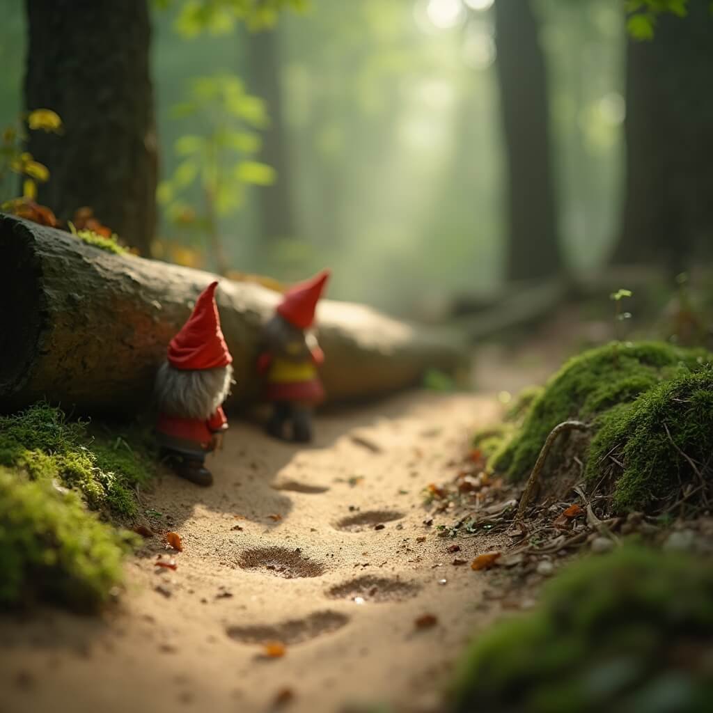Ontdek het Betoverende Kabouterpad in het Drents-Friese Wold: Een Magisch Avontuur voor Kleine Ontdekkingsreizigers! Een mystieke kinderbosroute met gedetailleerde miniatuur gnoomafdrukken in zacht zand, gefilterd zonlicht door dichte dennenbomen, een wonderlijke boslandschap met kleine rode gnoomhoeden die achter met mos bedekte stammen tevoorschijn komen, ultra-realistische natuurfotografie stijl, hoge resolutie en intrikate details.