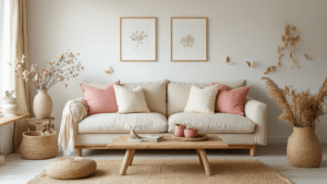 Lente Decoratie Knutselen: Mijn Ultieme Gids voor Vrolijke DIY Projecten Fotorealistische woonkamer met witte muren en houten balken, beige linnen bank met roze en witte lint rozen, rustieke salontafel met koraal DIY crepe bloemen, berkentakken met origami vlinders, jute tapijt, warme verlichting, en knutselmaterialen.