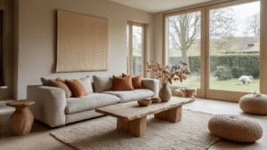 Vilten voor Beginners: Van Wolvezels naar Prachtige Huisdecoraties Moderne Nederlandse woonkamer met neutrale bank en kleurrijke vilten kussens, lichte eiken salontafel en vilten sculpturen, warme natuurlijke lichtinval en handgemaakte details in Scandinavische stijl.