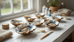 Magische Knutselprojecten met Oesterschelpen: Van Strand tot Stijlvol Interieur Knutselwerkplek met oesterschelpen, verfborstels en acrylverf op een witte houten tafel, in warme ochtendlichter, moderne Nederlandse inrichting met maritieme decoratie.